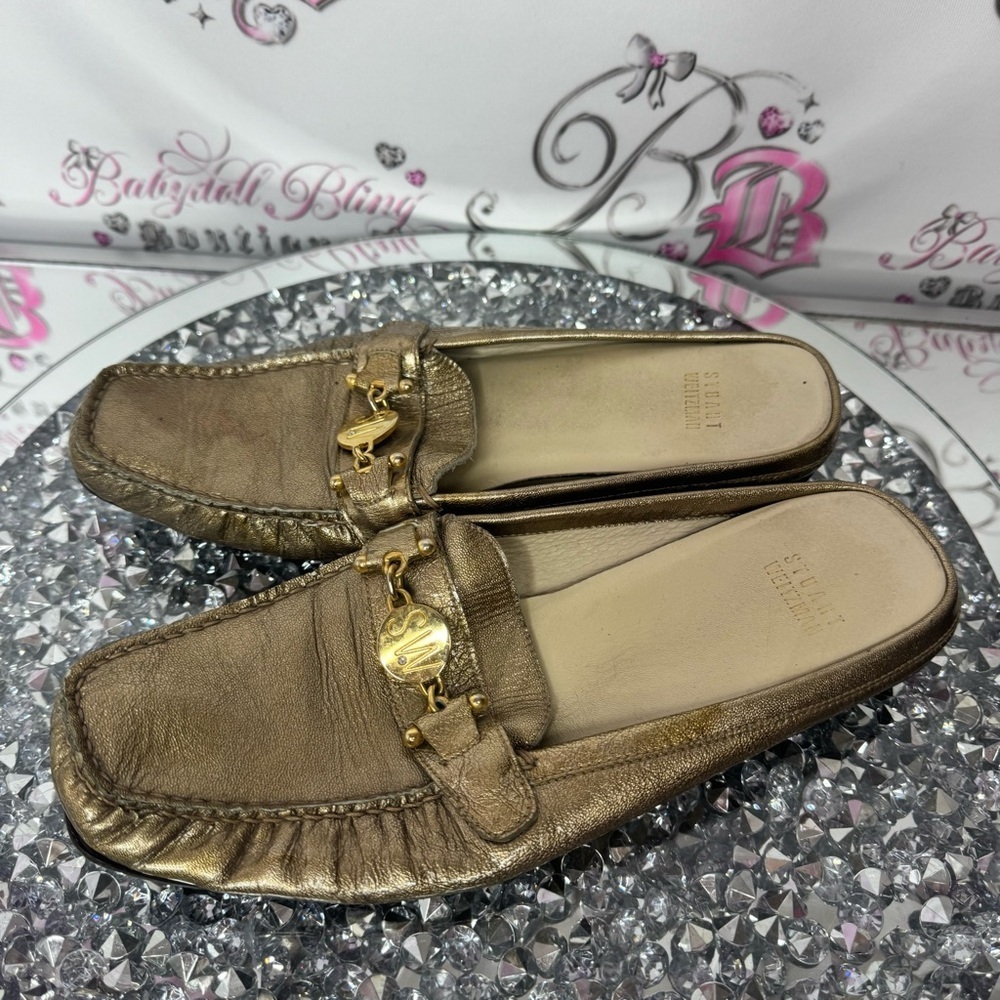 Stuart weitzman slip on Gold Leather flat Loafers gold charms bling diamond